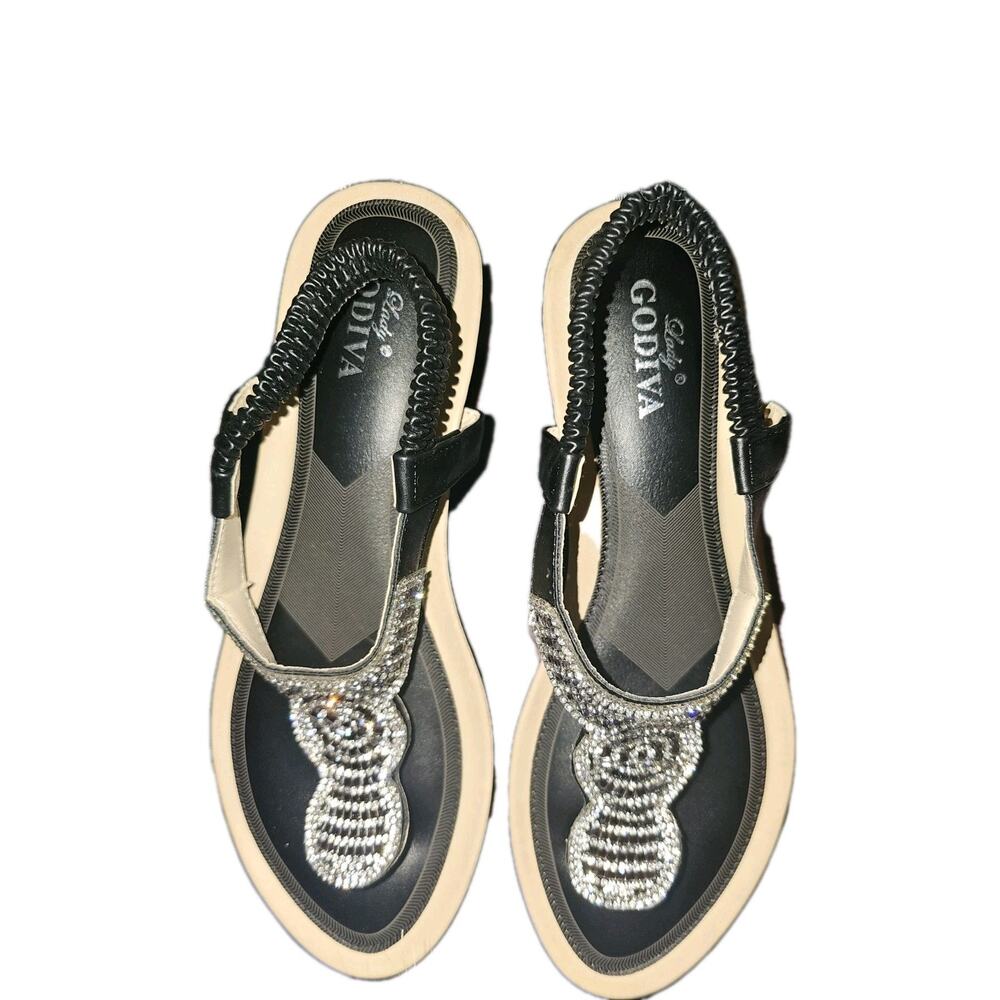 Lady Godiva Women Size 9 Black Sandal Embellished With Silver Gems Cushioned NWT